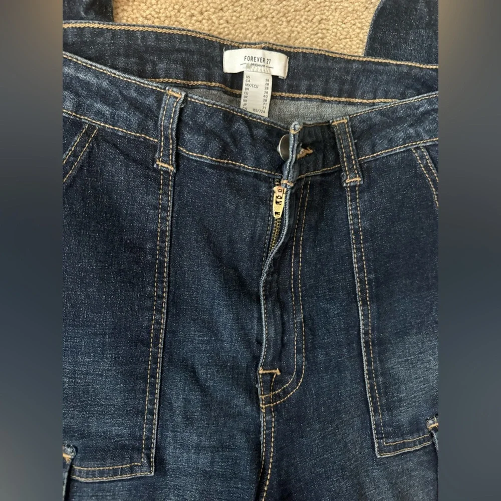 Forever 21 Cargo‎ Jeans Dark Wash Denim Straight Legside pockets 80’s y2k - Picture 5 of 11
